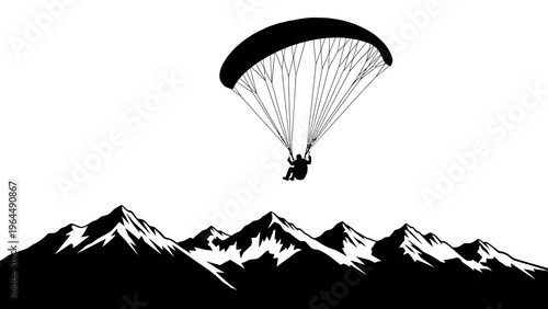 Paraglider silhouette flying over snow-capped mountains, extreme sports adventure, freedom and travel concept
