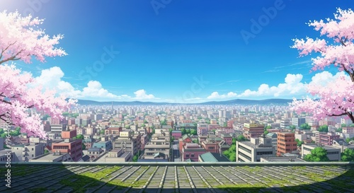 Vibrant Urban Landscape with Cherry Blossoms and Clear Sky