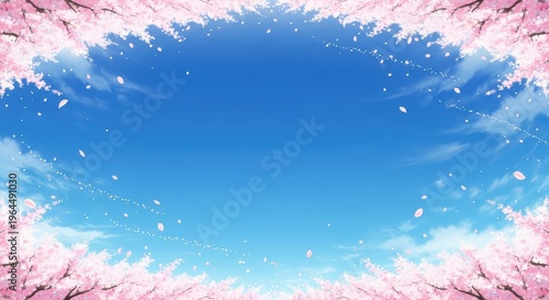 Serene Cherry Blossom Frame with Clear Blue Sky and Floating Petals