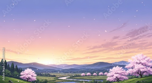 Serene Sunrise Landscape with Cherry Blossoms and Scenic Mountains