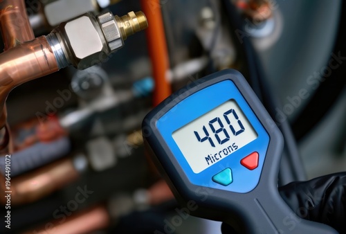 Gloved hand holding digital micron gauge near copper HVAC pipes.