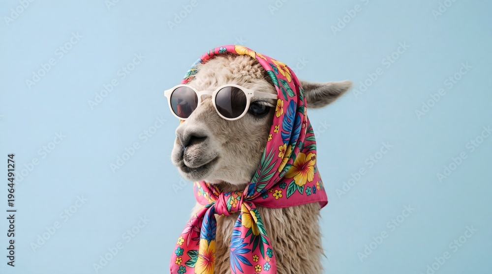 Fototapeta premium Whimsical Alpaca with Sunglasses and Scarf, Adorable Portrait of a Farm Animal in Stylish Headwear, Fun and Quirky Pet Photo