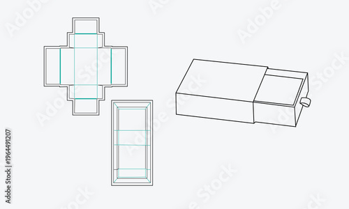 Technical sketches of a box structure and its net layout for assembly