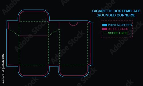 Cigarette box template with rounded corners and cutting guidelines