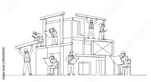 Continuous Line Drawing of Construction Workers Building House Vector isolated PNG with Transparent Background