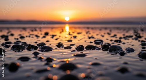Serene Sunset Over Ocean Waves with Bubbles and Calm Reflections