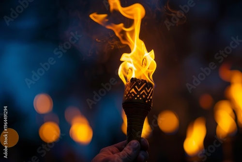Hand holding a burning torch in dark night during a ceremony with other torches in the background