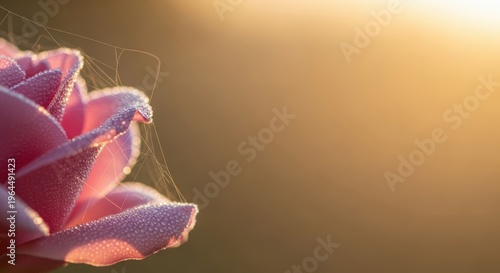 Close-Up of Pink Rose Petal with Dew Drops and Soft Background Light