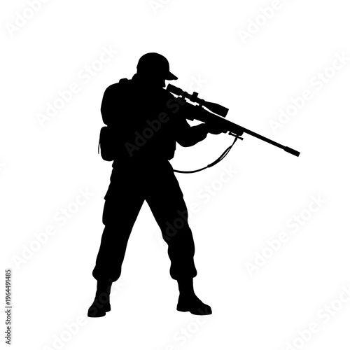 Silhouette of a Sniper with Rifle on White Background.