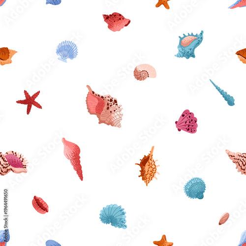 Seamless pattern of various shells. Seashells, mollusks, sea snails, starfish. Underwater world. Tropical summer beach. Vector illustration.