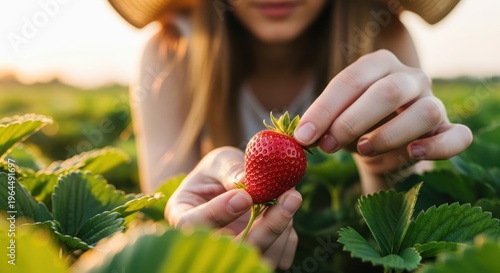 Woman Holding a Fresh Strawberry in a Green Field at Sunset
