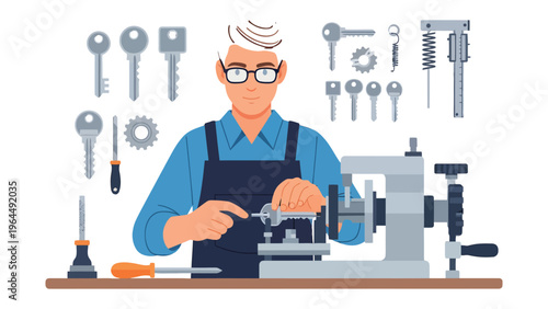 Craftsman's Precision: A skilled locksmith meticulously crafts a new key, surrounded by an array of tools and blanks, embodying expertise and precision.