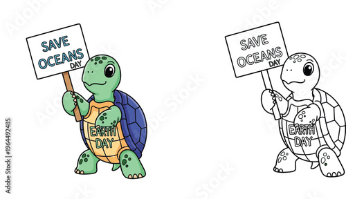 Cute Cartoon Turtle Holding Save Oceans Day Sign for Earth Day Vector Illustration and Line Art Coloring Page for Kids