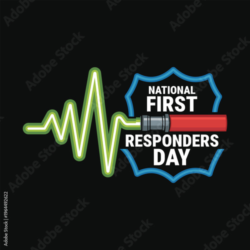 National First Responders Day Heartbeat Police Shield Fire Hose Vector