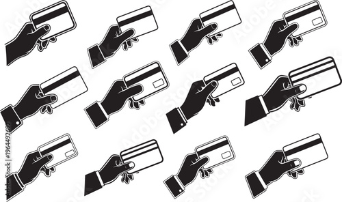 Multiple hands holding credit cards, silhouette style with black and white contrast for financial concepts, e commerce, service industry