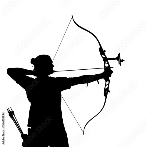 Silhouette of a woman archer aiming with bow and arrow.