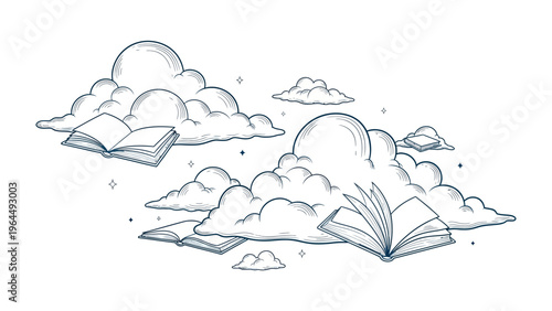Literary Dreamscape: A whimsical illustration of open books floating amidst fluffy clouds, conjuring a sense of imagination, knowledge, and boundless storytelling.