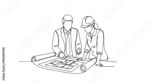 Continuous Line Drawing of Architects Discussing Blueprint Vector isolated PNG with Transparent Background