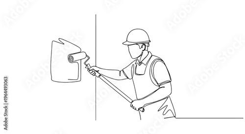 Continuous Line Drawing of Construction Worker Painting Wall with Roller Vector isolated PNG with Transparent Background
