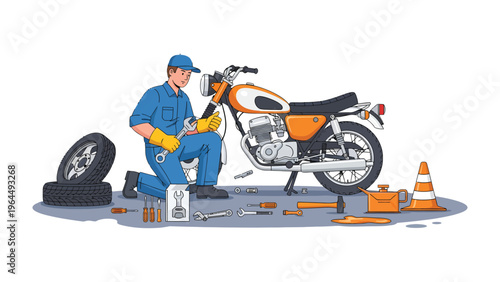 Motorcycle Mechanic at Work: A skilled mechanic meticulously repairs a vintage motorcycle, surrounded by tools of the trade, in a scene that evokes both expertise and dedication.