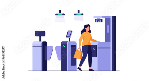 Woman with shopping bag passing through automated access gate. Modern customer entry system for retail, transit, or event venues.