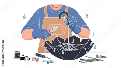 Umbrella Repair: An illustration depicts a skilled artisan meticulously repairing a damaged umbrella, showcasing the art of restoration and preservation.