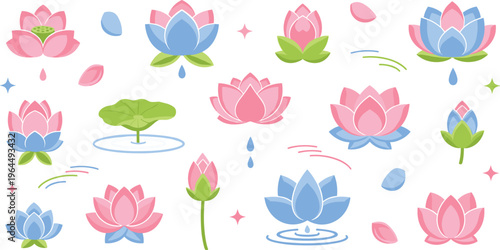 Lotus flowers and water lily elements set with pink and blue blossoms, leaves and petals decorative botanical vector illustration
