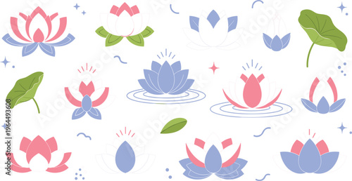 Lotus flower collection with pink and blue water lilies and leaves, decorative botanical vector illustration set for spa and wellness design