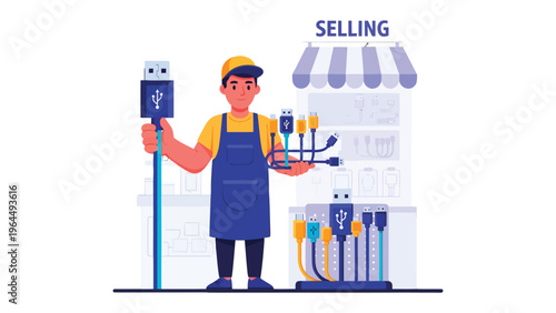 USB Cable Vendor: A vendor stands proudly, surrounded by USB cables. It's a testament to the essential role of technology in our modern world, and the convenience it brings.