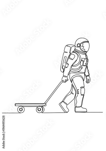 Astronaut walking with a wheeled cart in line art style, April 12, Cosmonautics Day, single-line vector     