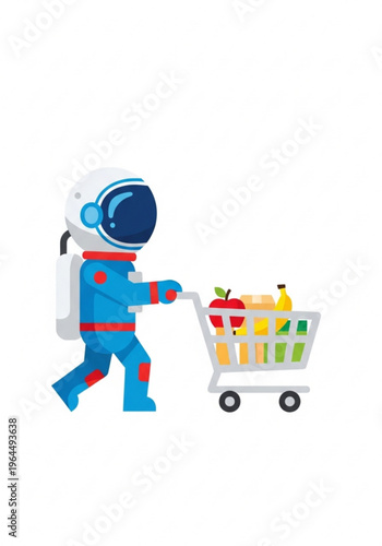 Astronaut walking with shopping cart filled with groceries, april 12, cosmonautics day  