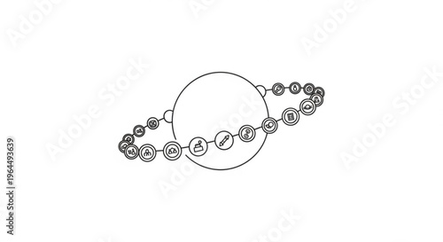Abstract illustration of orbiting planets around a central sun, April 12, Cosmonautics Day, single-line vector   