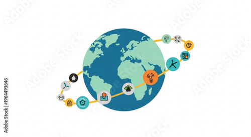 Global travel icons surrounding Earth in flat design style, april 12, cosmonautics day  