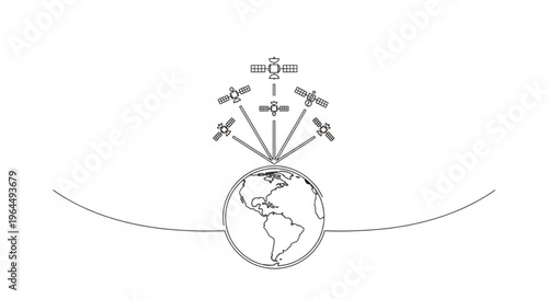 Satellite network orbiting the Earth in minimalist line art,   April 12, Cosmonautics Day, single-line vector  
