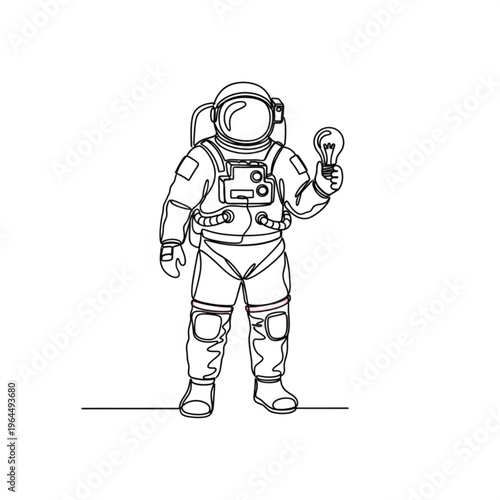 Astronaut, cosmonaut holding light bulb in minimalist illustration style, April 12, Cosmonautics Day, single-line vector 