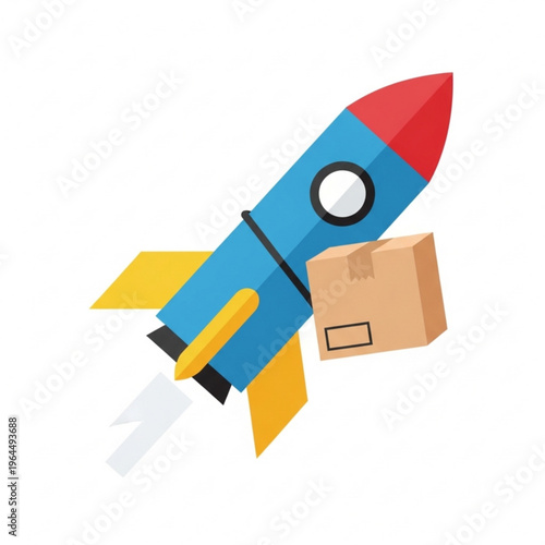 Cartoon rocket launching with package for delivery concept ,april 12, Cosmonautics Day 