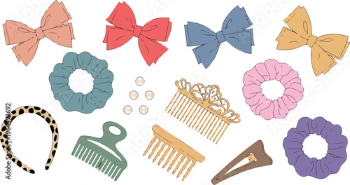 Cute hair accessories collection with colorful bows scrunchies clips and combs for girl styling vector set