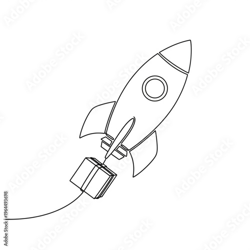 Rocket launch, done in line drawing technique, with smoke trail and attached box, parcel delivery,  April 12, Cosmonautics Day, single-line vector   