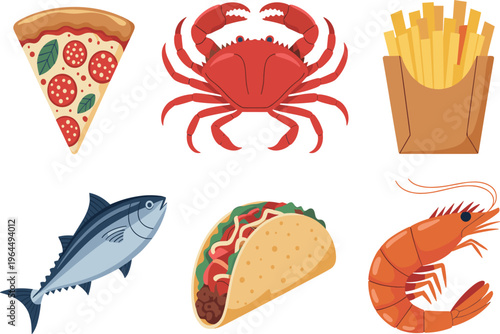 Food and seafood vector collection, set of flat icons including pizza, crab, french fries, fish, taco, and shrimp, on white