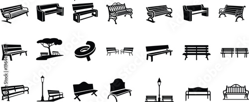 Collection of black park bench and outdoor street furniture silhouette design icon logo illustration isolated on white background