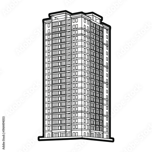 High rise building with many windows and balconies on white background