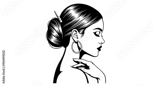 Elegant Woman Profile Portrait, Updo Hairstyle, Large Hoop Earring, Black and White Line Art