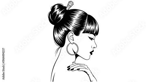 Elegant Woman with Updo Hairstyle and Hoop Earrings, Black and White Line Art
