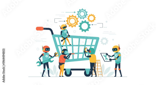 AI Robots Optimizing E-commerce: Bots Servicing a Shopping Cart with Gears, Illustrating Digital Retail Automation and Process Improvement