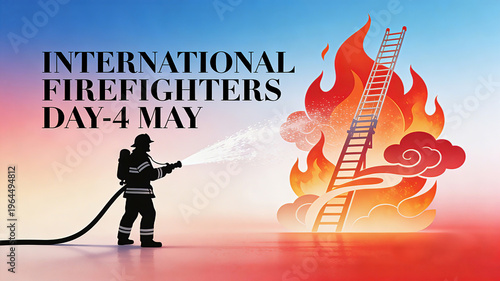The International Firefighters' Day poster featuring firefighters spraying water and ladder flames, representing the fearless stance of a contrarian with a gradient background,
