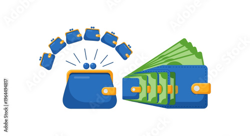 Financial Growth Concept: Wallets & Purses Illustrating Money Accumulation & Wealth Increase