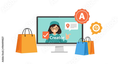 Online Creator E-commerce Concept: Digital Marketing & Selling Products on Internet Platform with Verified Approval and Shopping Bags.