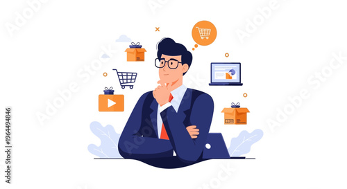E-commerce Strategy & Digital Marketing: Businessman Pondering Online Business Concepts