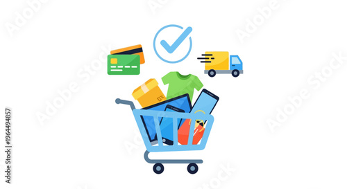 Online Shopping & E-commerce Concept: Shopping Cart with Products, Secure Payment, and Fast Delivery Icons