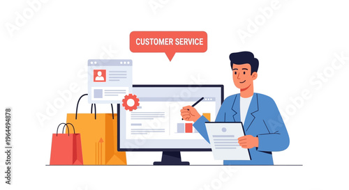 Digital Customer Service & E-commerce Support Agent Analyzing Data for Enhanced Online Retail Experience - Flat Vector Illustration